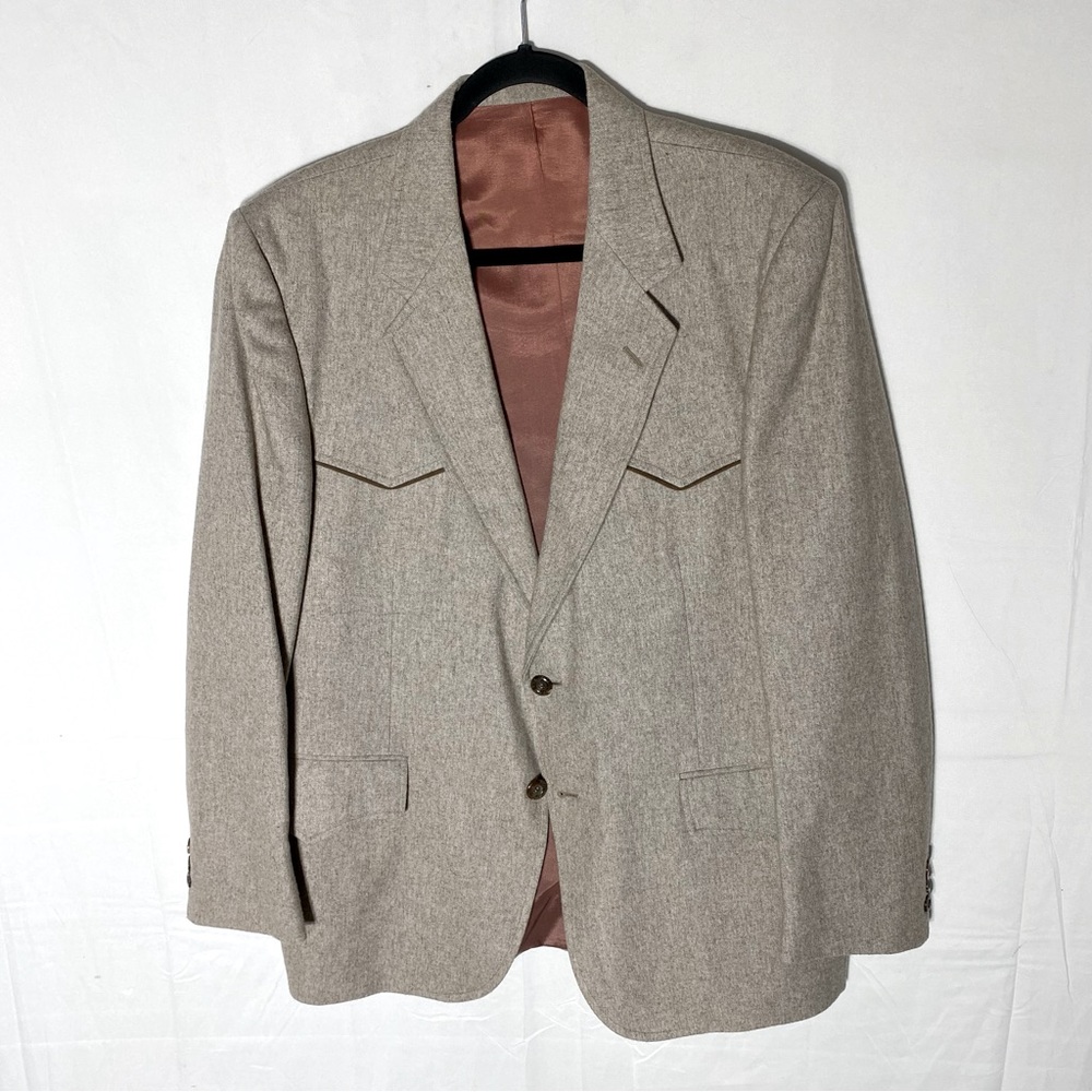 Vintage Tan Beige Wool Blend Western Two Button Blazer 44R Cowboy Stampede Rodeo